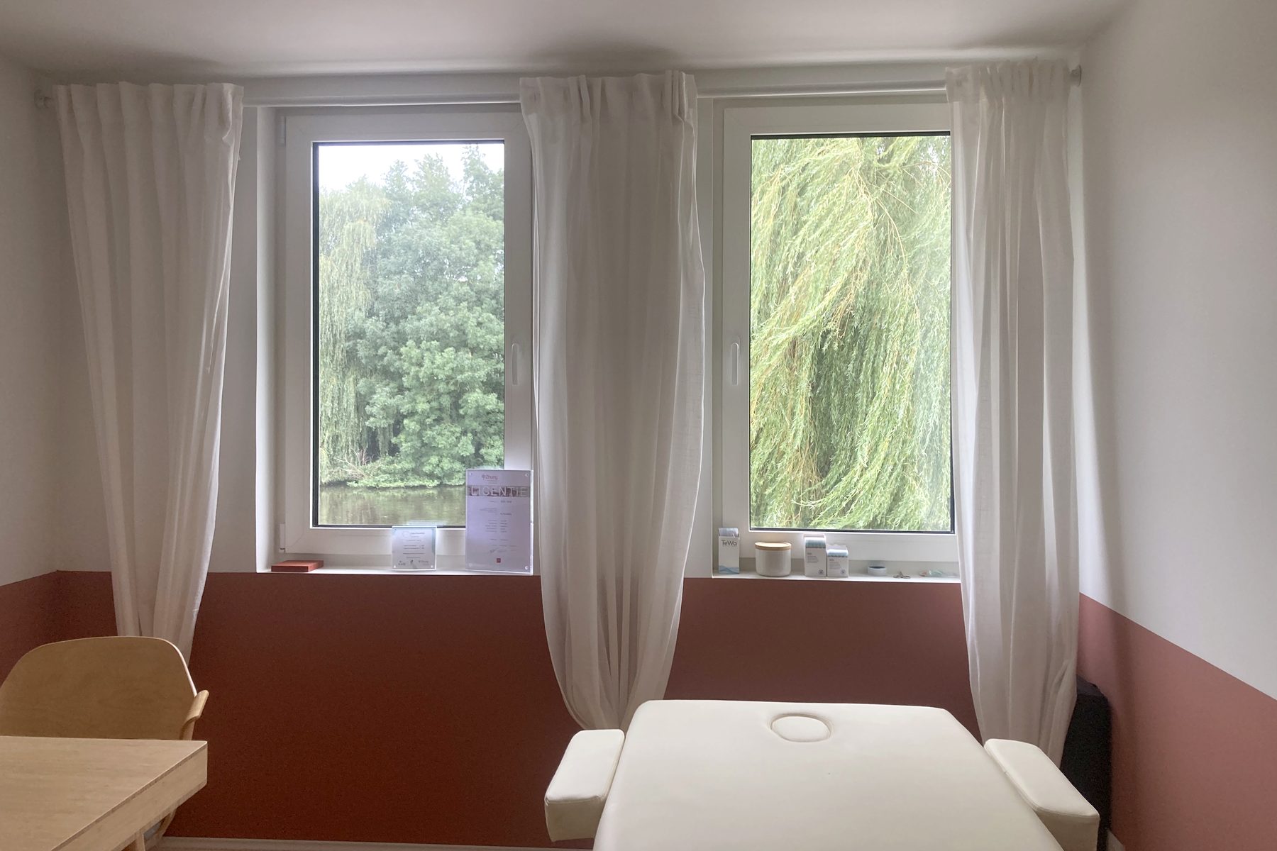 De behandelkamer van Gaia Picciolini in Amsterdam-Noord: behandelbed en overlegtafel bij twee ramen met uitzicht op het water en een treurwilg